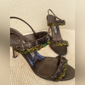Beautiful Manolo Blahnik Heels, Metallic Brown w Peacock Feathers.